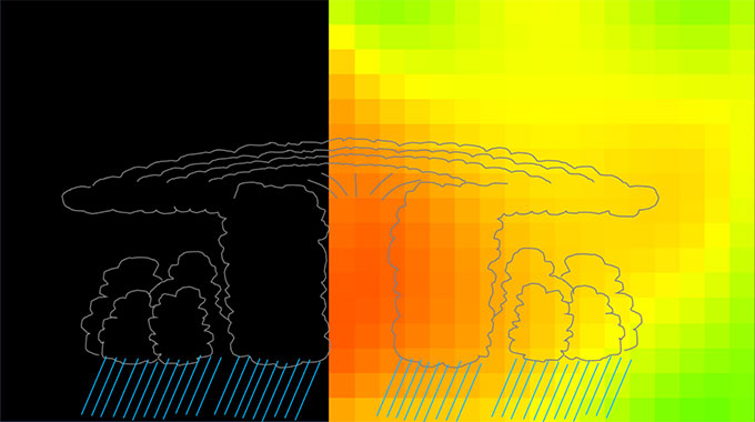 Una ilustración de las presiones dentro de una tormenta, con regiones de baja presión en el centro de la tormenta y una sección más oscura a la izquierda que estaba fuera del ángulo de visión del detector de muones.