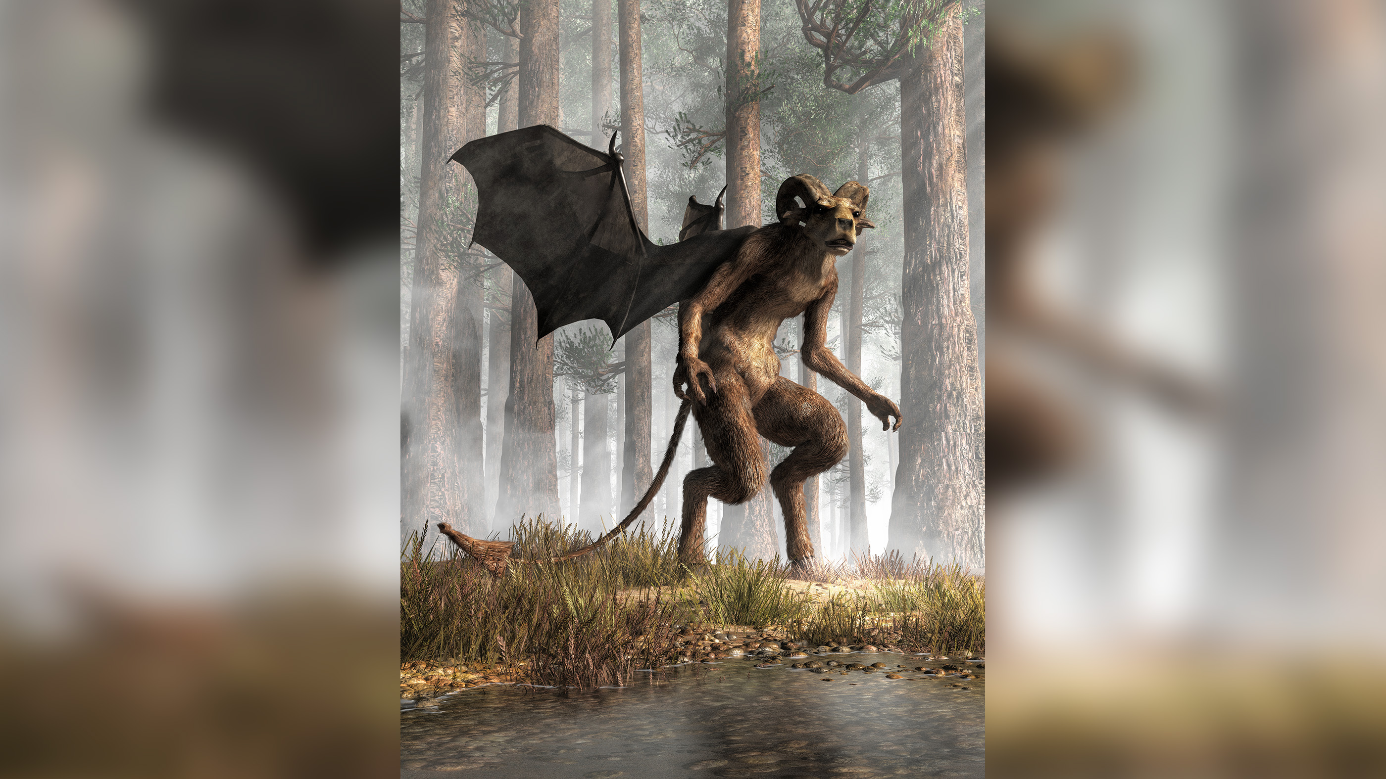 Este renderizado en 3D muestra el aspecto que debía tener el mítico Diablo de Jersey, con patas de pezuña, cuernos y alas de murciélago. El Diablo de Jersey es un legendario críptido del sur de Nueva Jersey.