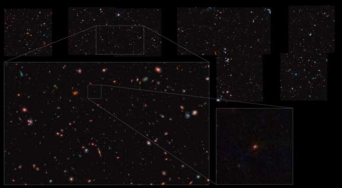 varias regiones del cielo en cajas.  Una de las inserciones se acerca a un punto rojizo que representa la galaxia Maisie.
