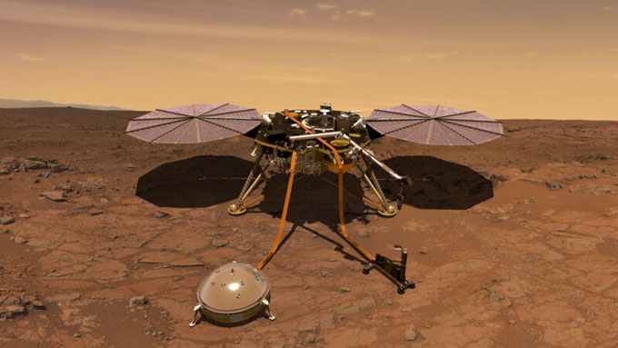 Representación artística del módulo de aterrizaje InSight en la superficie marciana.
