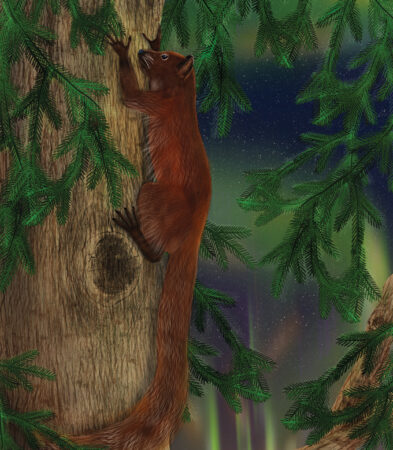 Una ilustración de un primitivo primate del tamaño de una marmota de color marrón rojizo aferrado al costado de un árbol.
