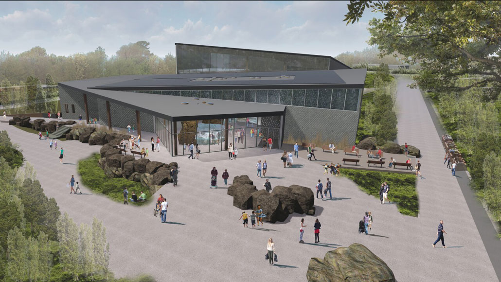 Una representación artística del exterior del nuevo acuario del Zoológico de Kansas City con gente caminando afuera.