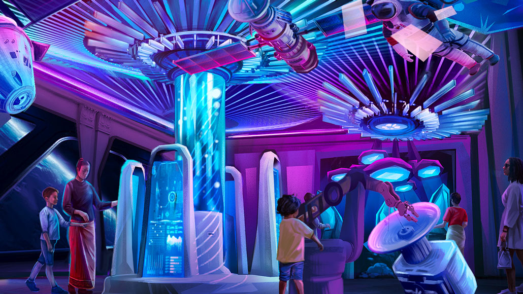 Una representación artística de una nave espacial futurista con invitados interactuando con objetos espaciales.