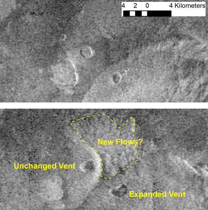 Dos imágenes de radar de la superficie de Venus desde la nave espacial Magallanes en tonos de gris.  Los científicos pudieron demostrar que las diferencias aparentes de un cráter se debían a estas diferencias en las imágenes (ventilación sin cambios).  Otro (ventilación expandida) se debió a cambios reales en la superficie de Venus, probablemente una erupción volcánica.